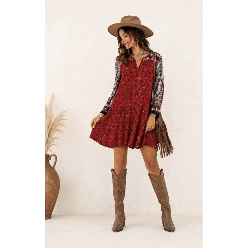 Patrons of Peace Womens Medium Lined Bell Sleeve Boho Swing Mini Dress Western